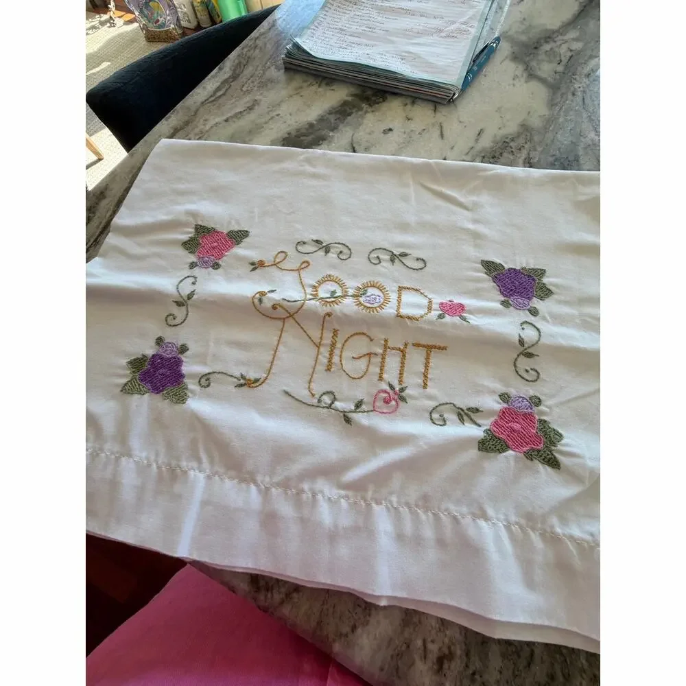 Vintage Bucilla Good Night Embroidered Pillowcases Floral Cottagecore USA T-160